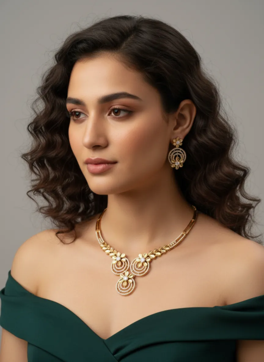 AD Diamond Gold Necklace set