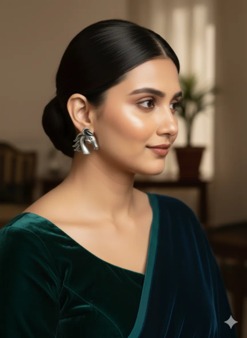  Silver look Alike Oxidised horse Designed Earrings